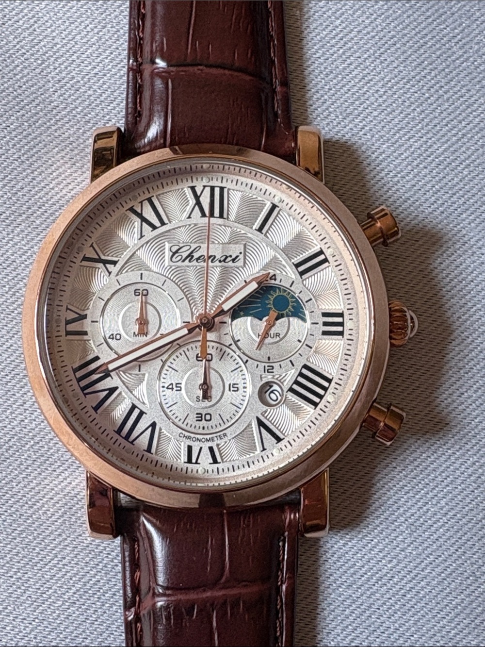 Men Chronograph Watch Rose Gold Case Brown Leather Strap Watch